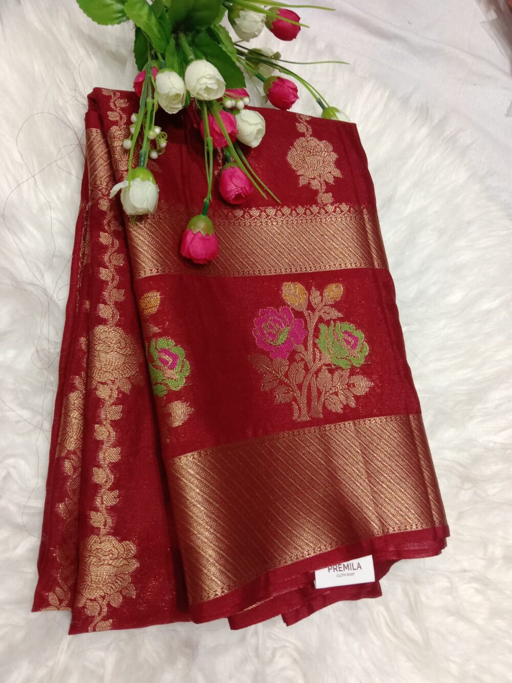 Maroon Tissue Organza Banarasi Silk Saree
