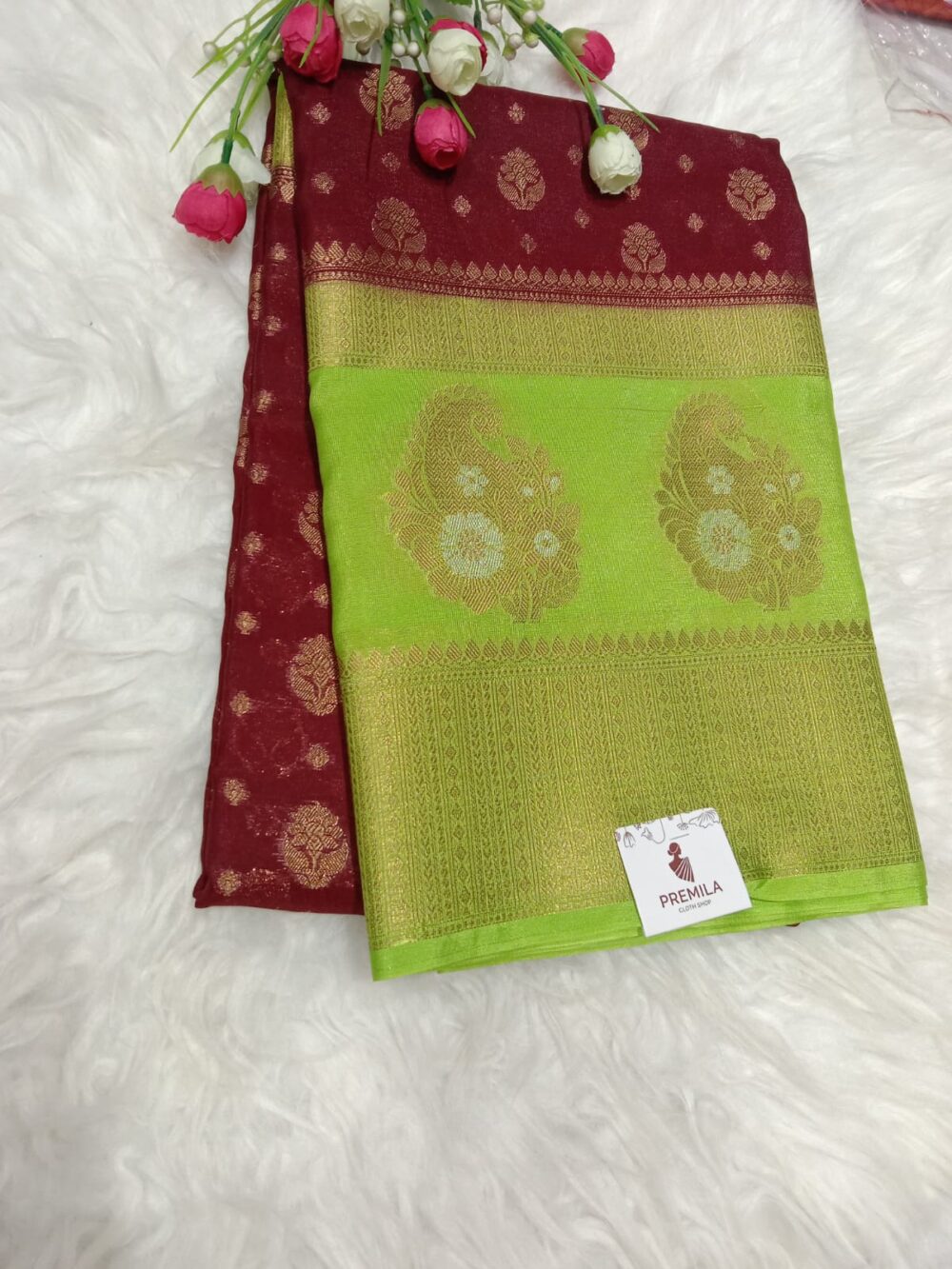 Marron with Green Tissue Organza Banarasi Silk Saree