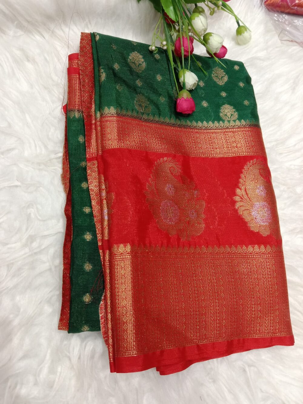 Bottle Green with Red Tissue Organza Banarasi Silk Saree