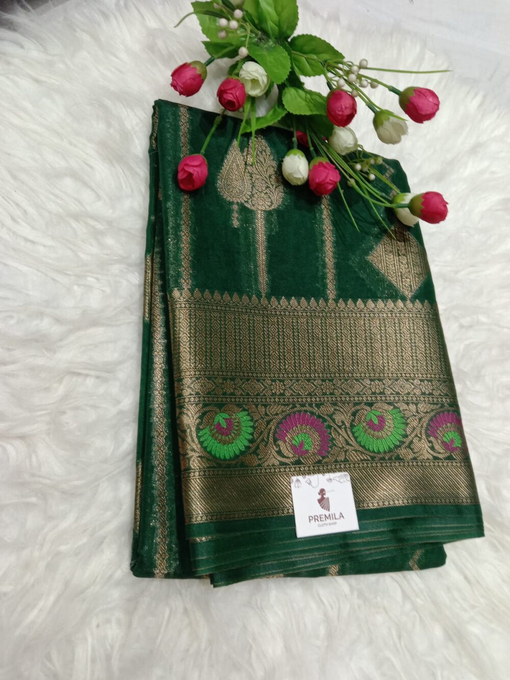 Bottle Green Tissue Organza Banarasi Silk Saree